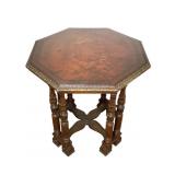Hexagonal Wood End Table w Carved Supports
