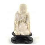 Carved Laughing Buddha Figure w/ Wood Base