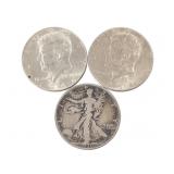 3 90% Silver Halfs; 2 1964 Kennedy, 1 Walker