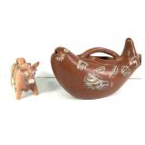Vintage Redware Fish Pitcher & Greek Bull Figurine