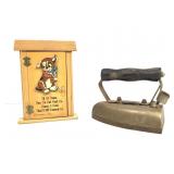 Antique Sad Iron & VIntage Wood Note Box