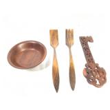 Carved Wood Key Holder Bowl & Salad Servers