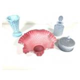 Pink Hobnail Ruffle Bowl, Opalescent Lidded Jar +