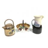 Stoneware Pottery Teapot, Pitcher & Basket