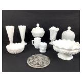 9 Milk Glass Vases Compote Creamer Bowls +