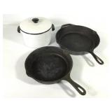 Cast Iron Skillet & Enamel Saucepan