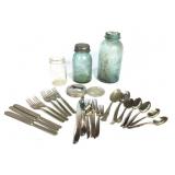 Green Ball Jars & Silver Overlaid Flatware