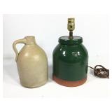 Antique Stoneware Jug & Green Ceramic Lamp Base