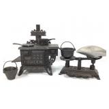 Antique Queen Cast Iron Toy Stove W/ Accessories