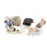 Antique Porcelain Pig Vases & Cast Iron Figure