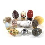 Antique Painted & Carved Eggs w/ Stands + Figure