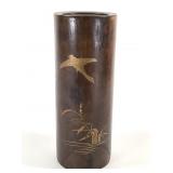 Japanese Wood & Mixed Metal Vase Vtg Mid Century