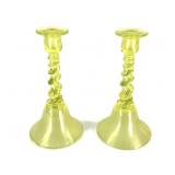 Tiffin Vaseline Stretch Glass Candle Holders Pair