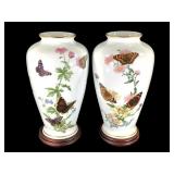 Franklin Porcelain Butterfly Vases w/ Wood Bases