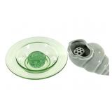 Uranium Glass Bowl, Flower Frog & Ceramic Shell