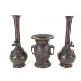Asian Bronze Dragon Urn & Vases 3 Pcs