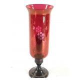 Vtg Red Glass Hurricane Lamp w/ Silverplate Base