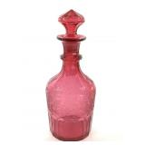 Floral Etched Cranberry Glass Decanter w/ Stopper