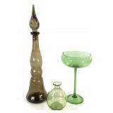Green Decanter, Round Bottle & Stemmed Glass