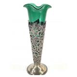 Sterling Pierced Repousse Vase w Glass Insert