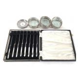 Silverplated Glass Coasters & MOP Handle Knife Set