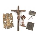 Bronze Crucifixes, Rosary, Devotional Plaque +