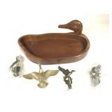 Wood Carved Duck Catlchall & Brass Game Fowl Hooks