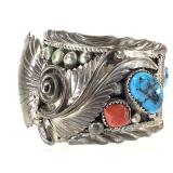 Sterling Coral Turquoise Apachito Cuff Watch