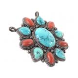 Turquoise & Coral Cluster Statement Pendant 39g TW