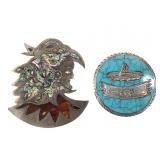 Taxco Warrior & Turquoise Sombrero Brooches 37gTW