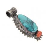 Turquoise & Red Coral Sterling Slide Pendant 21gTW