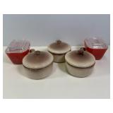 2 Pyrex 501 Red / Org & 3 Soup Bowl w Lid & Handle