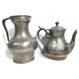 Engraved Silver Plate Tea Pot & Pewter Pitcher