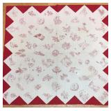 Signed 1889 Red Work Quilt 82" x 82"