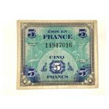 1944 French 5 Franc Allied  Military Currency