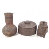 2 Small Lidded Baskets DRC & Woven Vase Tanzania