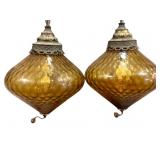 2 Hanging Amber Glass Lamps w Chains