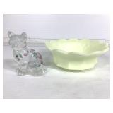 Custard Glass Fenton Bowl + Glass Cat