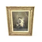 Antique Framed Print - Woman w Dog & Cherub