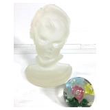 Frosted Glass Child Bust + Flower Paper Weight