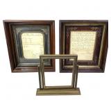 2 Early 1800s Framed Documents + Standing Frame
