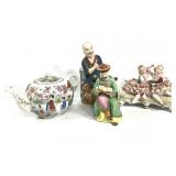 Japanese Ceramic Tea Pot + Figures