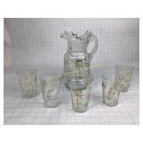 Glass Ruffeld Pitcher & Floral Painted Cups