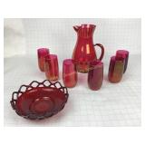 7 Ruby Red Fenton Pieces, Cups, Vase, Bowl