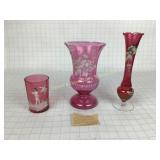 Mary Gregory Style Enamel On Cranberry Glass