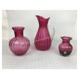 Ribbed Cranberry Glass Pitcher & Vases