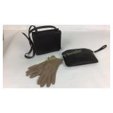 Leather Black Wristlet, Purse, & Tan Gloves