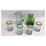 2 Blown Glass Pitchers 4 Tumblers