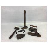 Antique Sad Irons Shoe Stand & Mallet