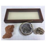 Shadow Box Frame & 3 Mineral Specimens